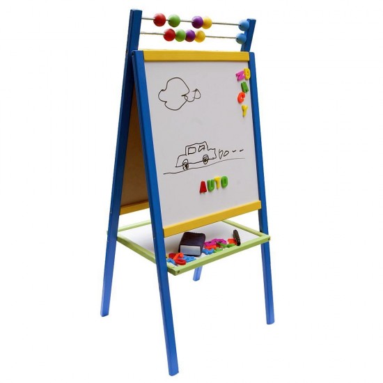 Tabla mare 2 in 1, de scris cu marker si creta, cu suport, picioare si accesorii, pentru copii - albastra