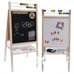 Tabla mare 2 in 1, de scris cu marker si creta, cu suport, picioare si accesorii, pentru copii - lemn natur